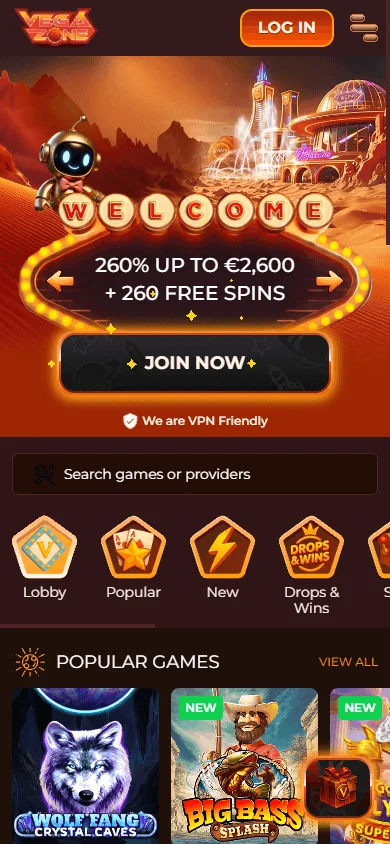 Vegazone Casino mobile browser home screen