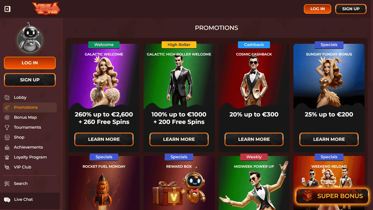 Vegazone Casino desktop promotions area with bonuses and rewards