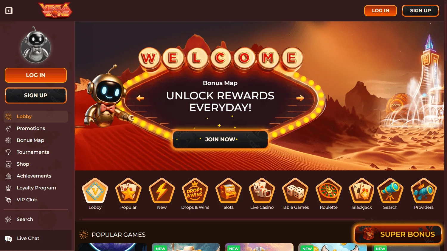 Vegazone Casino desktop home screen with casino offers and account options