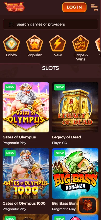 Vegazone Casino mobile games area with casino categories