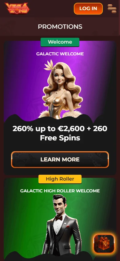 Vegazone Casino mobile promotions area with bonuses and free spins