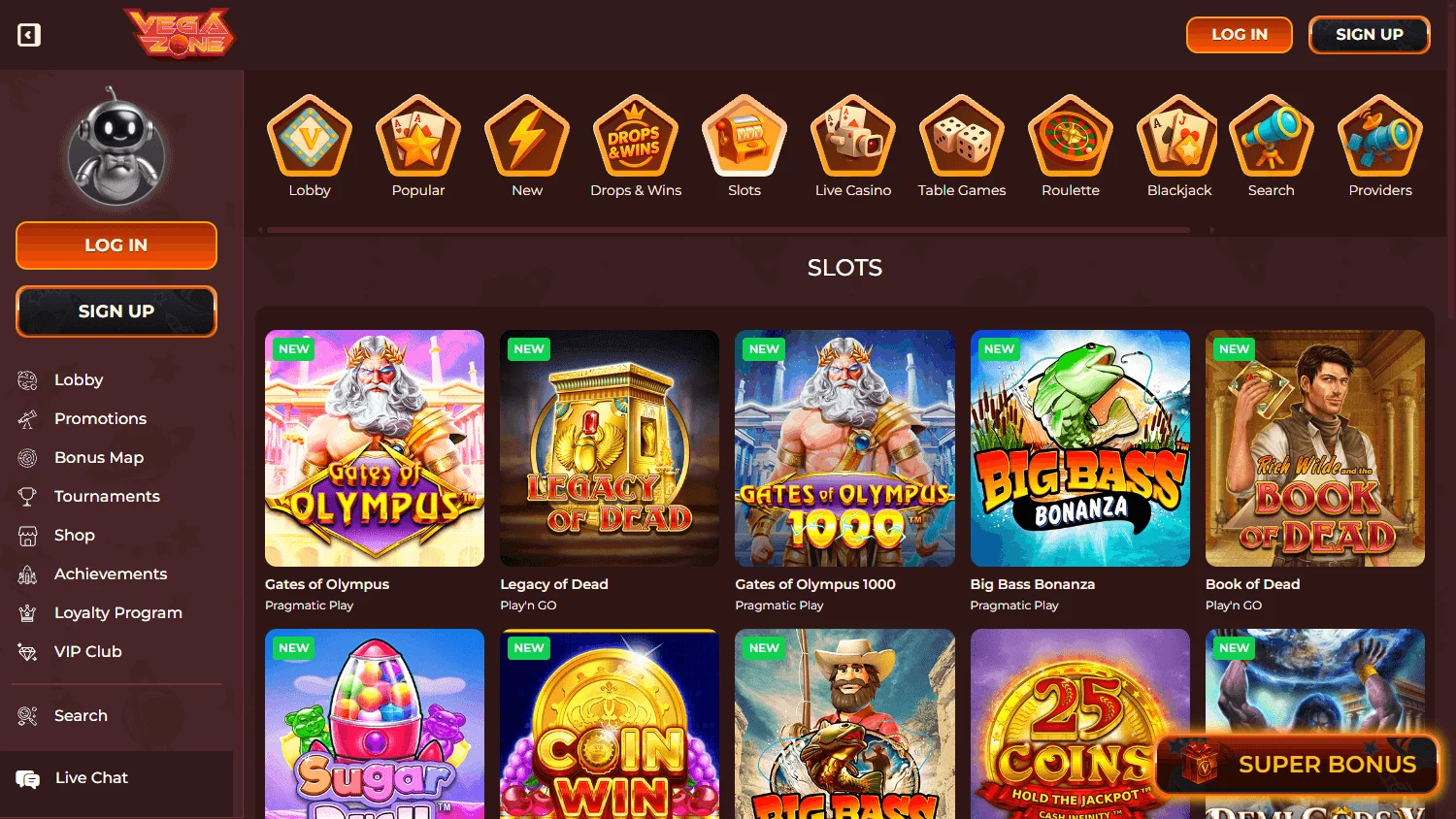 Vegazone Casino desktop games area with pokies and casino categories
